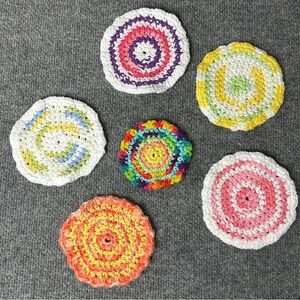 Vintage crochet coasters set 6 colorful whimsical handmade 5” doilies heat pads